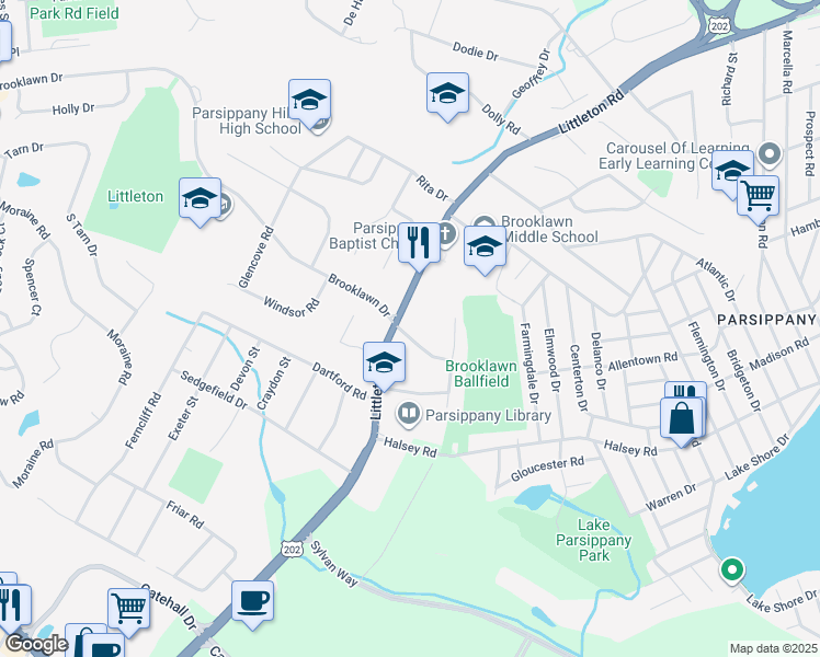 map of restaurants, bars, coffee shops, grocery stores, and more near 1 East Brooklawn Drive in Morris Plains