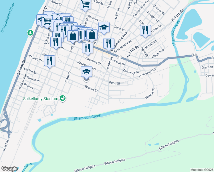 map of restaurants, bars, coffee shops, grocery stores, and more near 237 Lenker Avenue in Sunbury