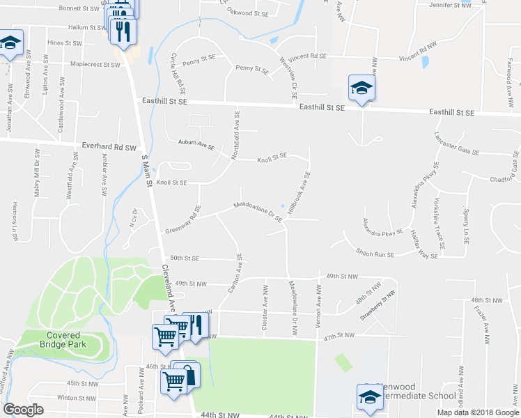 map of restaurants, bars, coffee shops, grocery stores, and more near 1671 Meadowlane Drive Southeast in North Canton