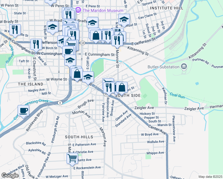 map of restaurants, bars, coffee shops, grocery stores, and more near 117 Spring Street in Butler