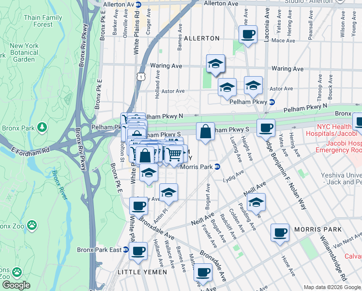 map of restaurants, bars, coffee shops, grocery stores, and more near 2182 Barnes Avenue in Bronx