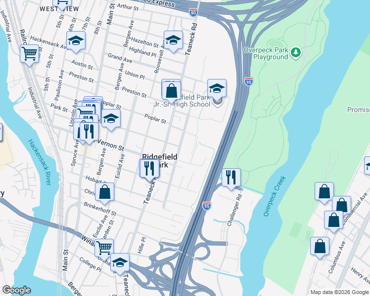 map of restaurants, bars, coffee shops, grocery stores, and more near 1 Morningside Lane in Ridgefield Park