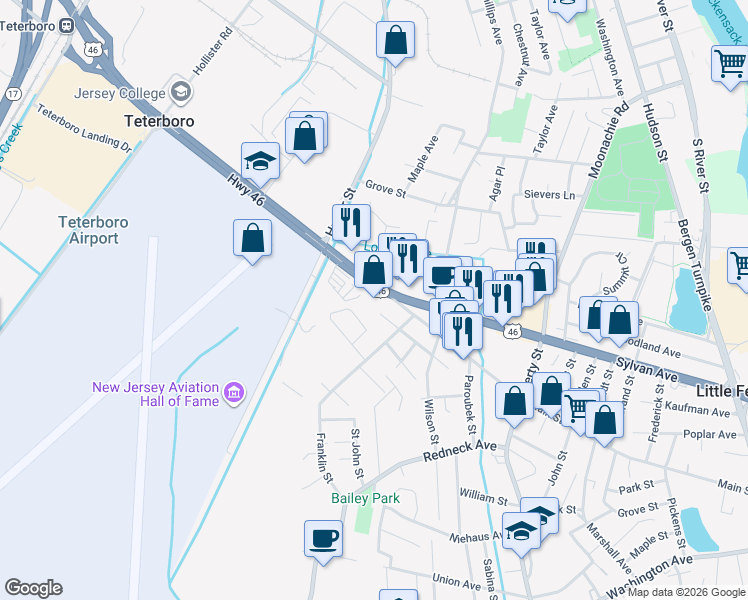 map of restaurants, bars, coffee shops, grocery stores, and more near 104 Van Buren Street in Little Ferry