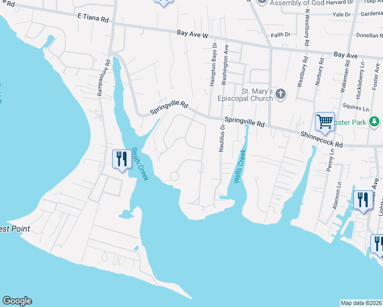 map of restaurants, bars, coffee shops, grocery stores, and more near 3 Canal Way in Hampton Bays