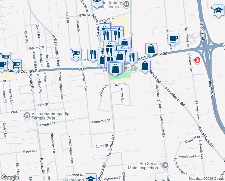 map of restaurants, bars, coffee shops, grocery stores, and more near 105 Holly Road in Centereach