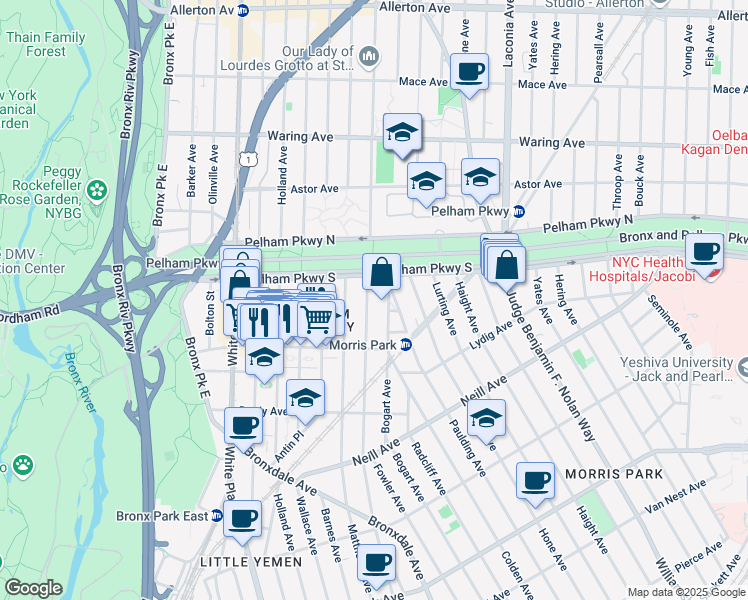 map of restaurants, bars, coffee shops, grocery stores, and more near 2156 Muliner Avenue in Bronx