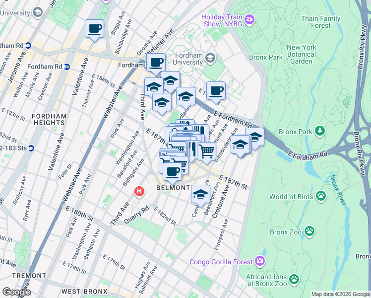 map of restaurants, bars, coffee shops, grocery stores, and more near 611 East 187th Street in Bronx