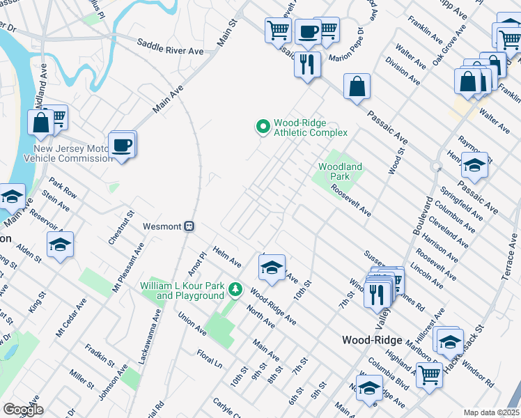 map of restaurants, bars, coffee shops, grocery stores, and more near 100 Marshall Lane in Wood-Ridge
