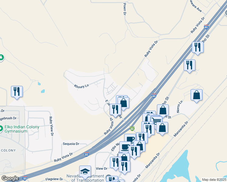 map of restaurants, bars, coffee shops, grocery stores, and more near 2550 Ruby Vista Drive in Elko