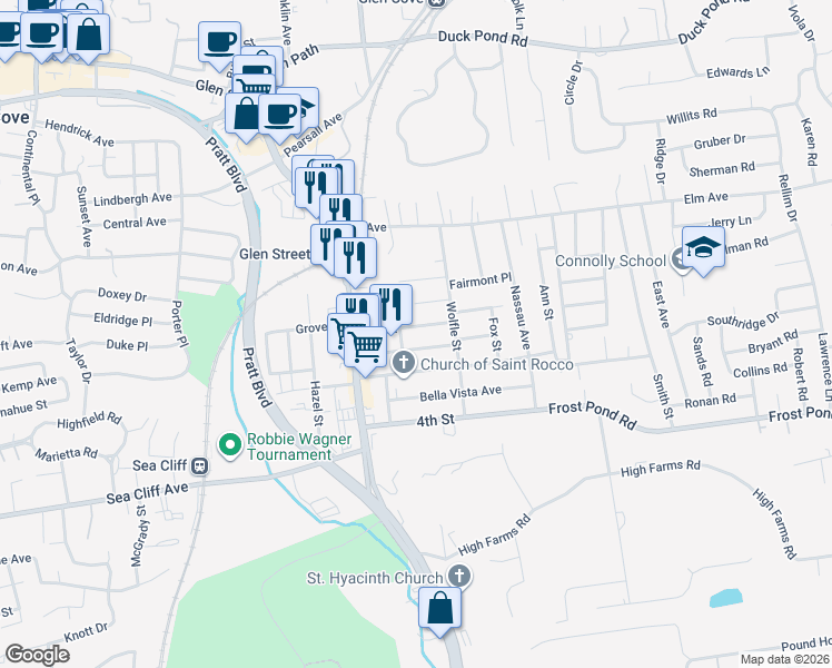 map of restaurants, bars, coffee shops, grocery stores, and more near 26A 2nd Street in Glen Cove