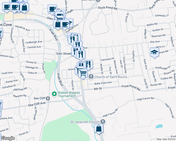 map of restaurants, bars, coffee shops, grocery stores, and more near 11 2nd Street in Glen Cove