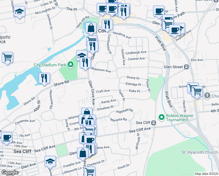 map of restaurants, bars, coffee shops, grocery stores, and more near 28 Craft Avenue in Glen Cove