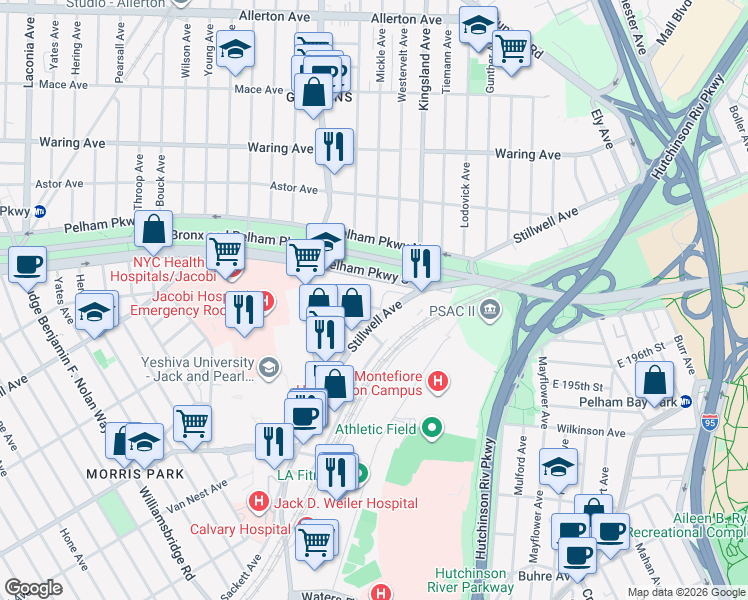 map of restaurants, bars, coffee shops, grocery stores, and more near 1617 Stillwell Avenue in Bronx