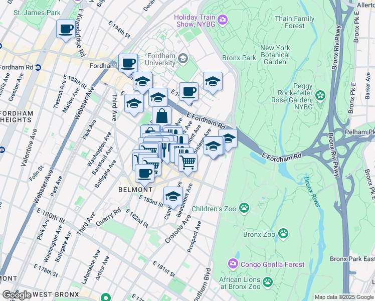 map of restaurants, bars, coffee shops, grocery stores, and more near 2420 Belmont Avenue in Bronx