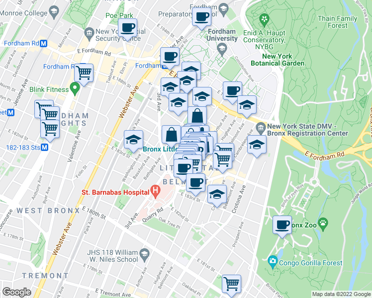 map of restaurants, bars, coffee shops, grocery stores, and more near in The Bronx