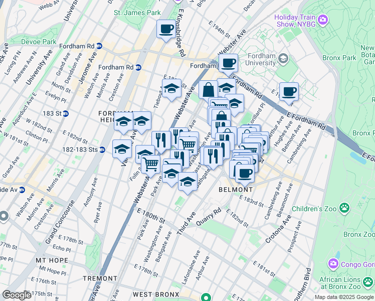 map of restaurants, bars, coffee shops, grocery stores, and more near in The Bronx