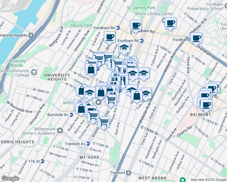 map of restaurants, bars, coffee shops, grocery stores, and more near 2188 Creston Avenue in The Bronx