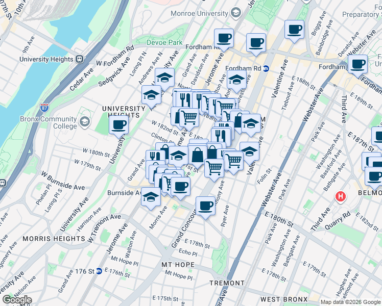 map of restaurants, bars, coffee shops, grocery stores, and more near in The Bronx