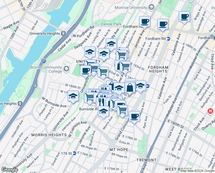 map of restaurants, bars, coffee shops, grocery stores, and more near in The Bronx