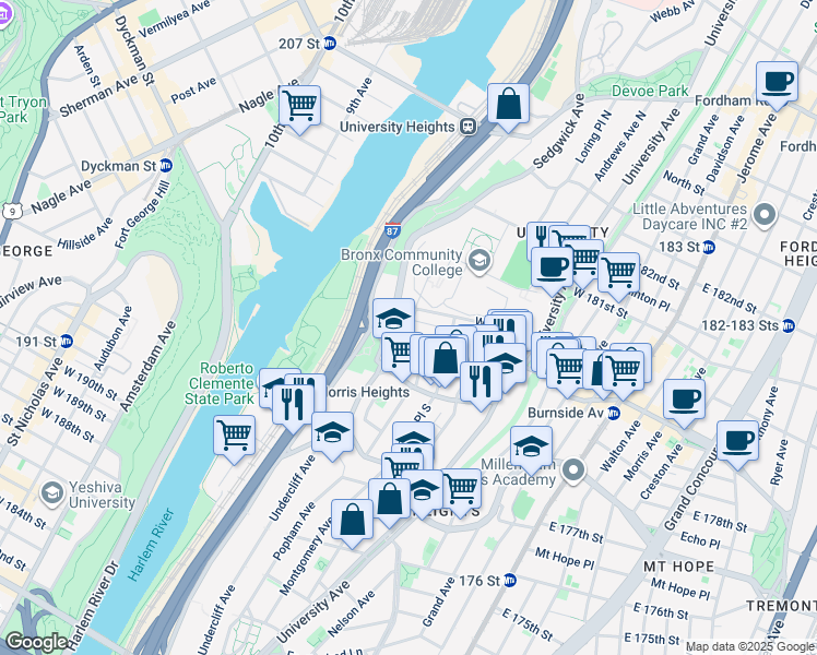 map of restaurants, bars, coffee shops, grocery stores, and more near 210 West 179th Street in Bronx