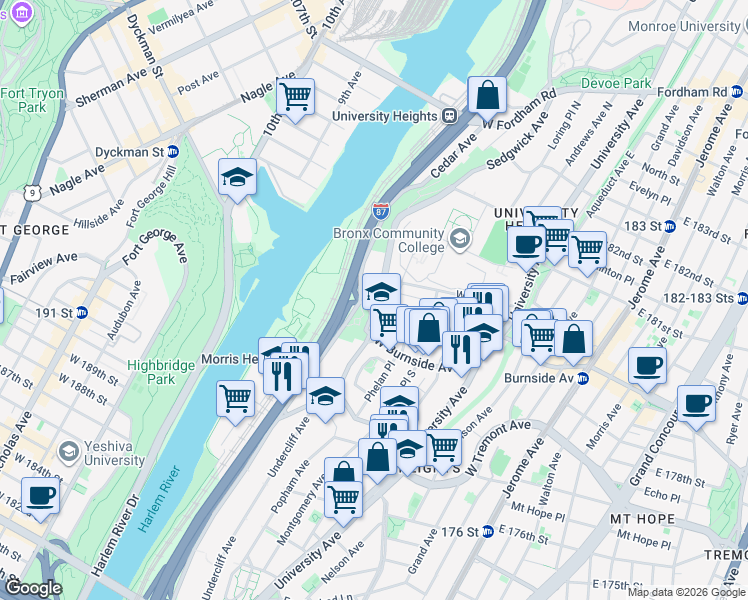 map of restaurants, bars, coffee shops, grocery stores, and more near in The Bronx