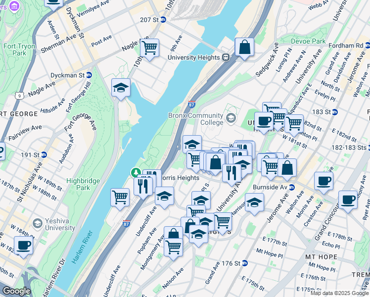 map of restaurants, bars, coffee shops, grocery stores, and more near in The Bronx