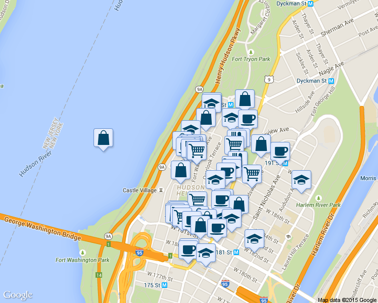 map of restaurants, bars, coffee shops, grocery stores, and more near Cabrini Boulevard in New York