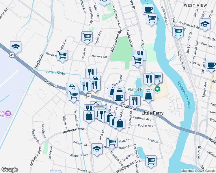 map of restaurants, bars, coffee shops, grocery stores, and more near 123 Lakeview Avenue in Little Ferry