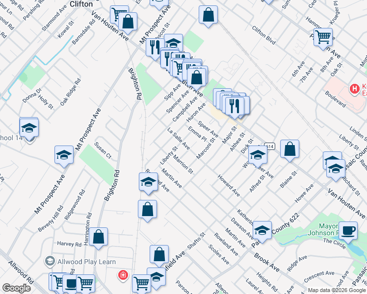 map of restaurants, bars, coffee shops, grocery stores, and more near 44 Macdonald Street in Clifton