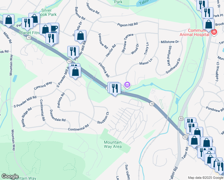 map of restaurants, bars, coffee shops, grocery stores, and more near 2587 New Jersey 10 in Morris Plains