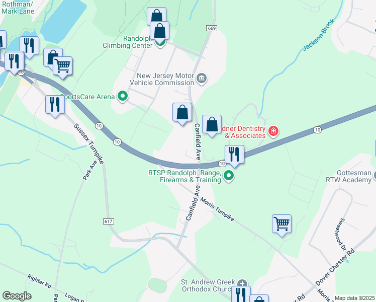 map of restaurants, bars, coffee shops, grocery stores, and more near 87 Canfield Avenue in Randolph