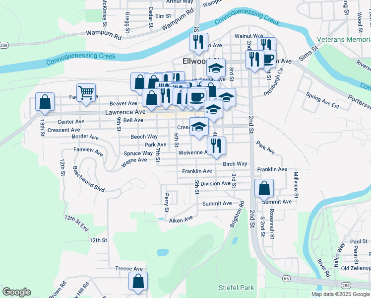 map of restaurants, bars, coffee shops, grocery stores, and more near 504 Wayne Avenue in Ellwood City