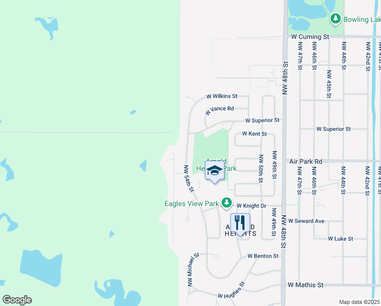 map of restaurants, bars, coffee shops, grocery stores, and more near 4124 Northwest 54th Street in Lincoln