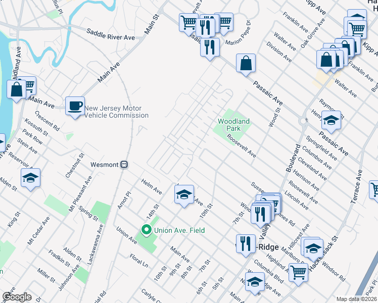 map of restaurants, bars, coffee shops, grocery stores, and more near 225 Windsor Road in Wood-Ridge
