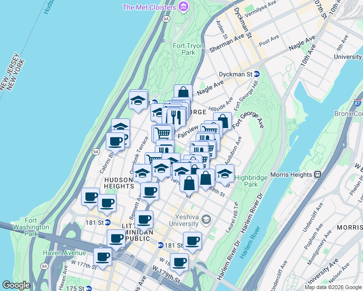 map of restaurants, bars, coffee shops, grocery stores, and more near 320 Wadsworth Avenue in New York