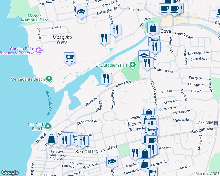 map of restaurants, bars, coffee shops, grocery stores, and more near Shore Road in Glen Cove