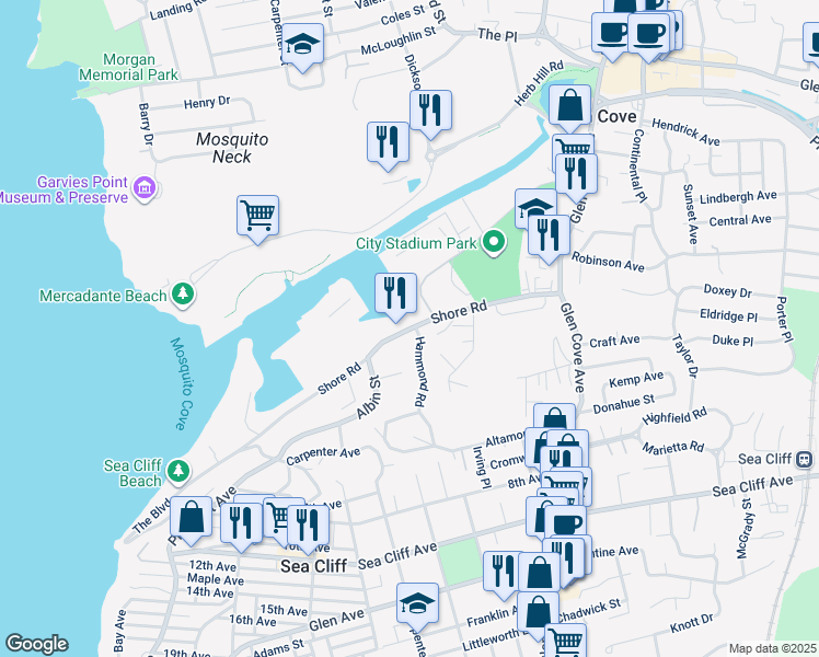 map of restaurants, bars, coffee shops, grocery stores, and more near 18 Hammond Road in Glen Cove