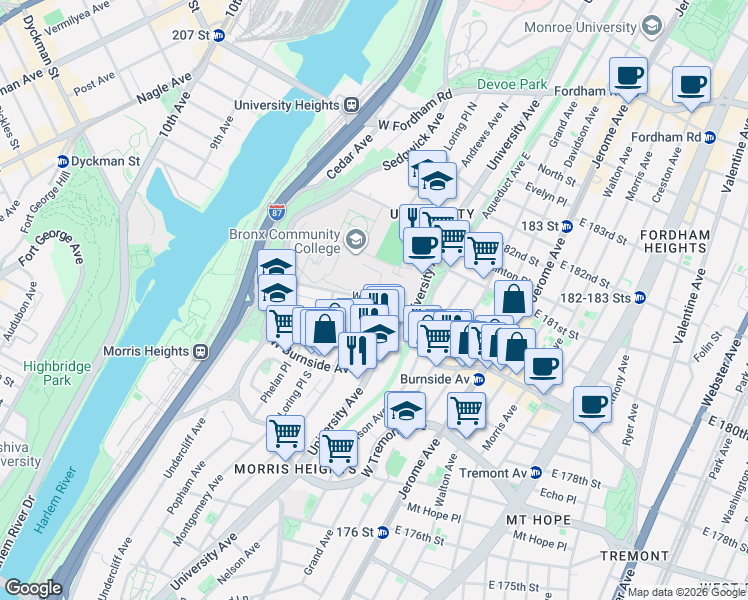map of restaurants, bars, coffee shops, grocery stores, and more near in The Bronx