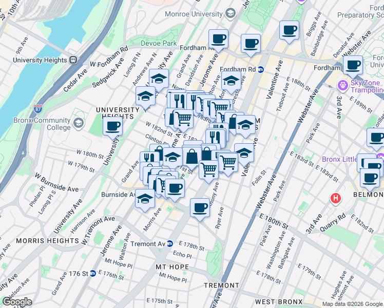 map of restaurants, bars, coffee shops, grocery stores, and more near in The Bronx