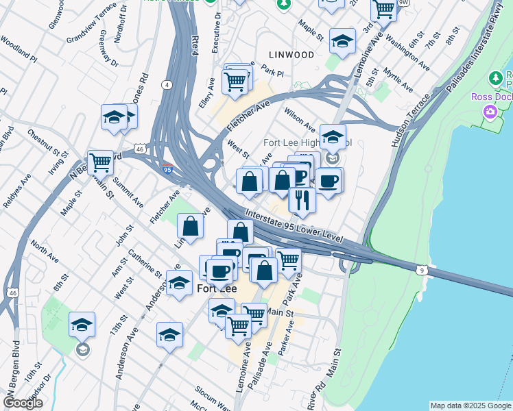map of restaurants, bars, coffee shops, grocery stores, and more near 2155 Center Avenue in Fort Lee