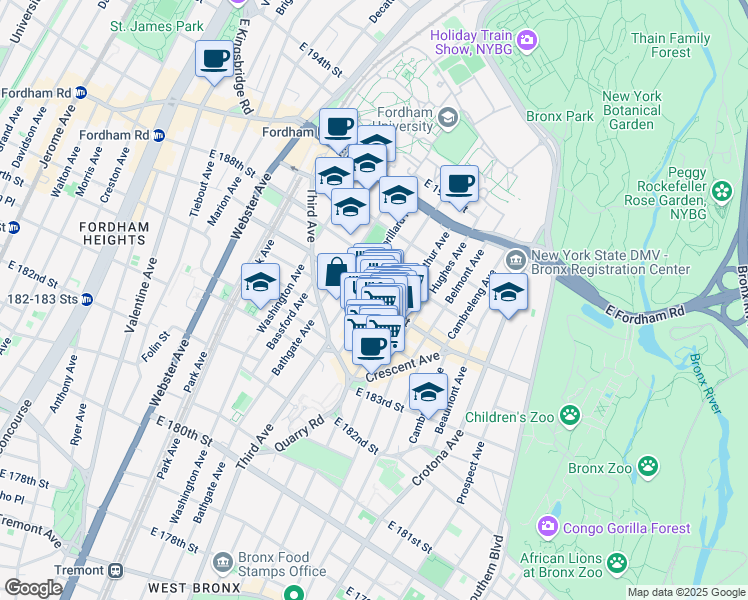 map of restaurants, bars, coffee shops, grocery stores, and more near E 187th St & Hoffman St in Bronx