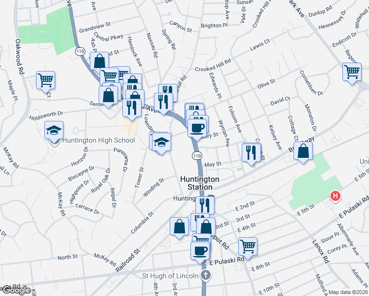 map of restaurants, bars, coffee shops, grocery stores, and more near 92 Town House Road North in Huntington Station