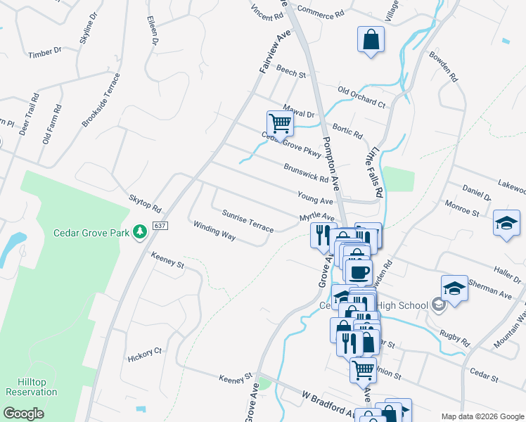map of restaurants, bars, coffee shops, grocery stores, and more near 58 Sunrise Terrace in Cedar Grove