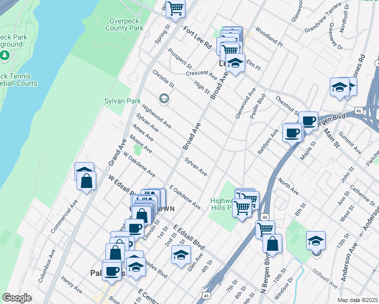 map of restaurants, bars, coffee shops, grocery stores, and more near 159 Broad Avenue in Leonia