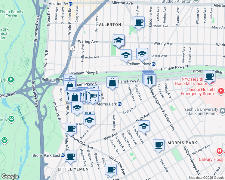 map of restaurants, bars, coffee shops, grocery stores, and more near 2156 Muliner Avenue in Bronx