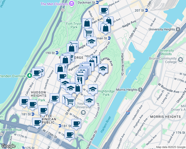 map of restaurants, bars, coffee shops, grocery stores, and more near 569 West 192nd Street in New York