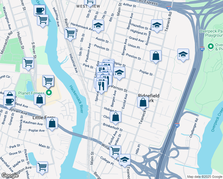 map of restaurants, bars, coffee shops, grocery stores, and more near 167 Main Street in Ridgefield Park