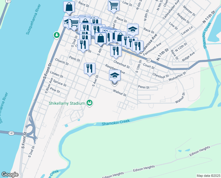 map of restaurants, bars, coffee shops, grocery stores, and more near 600 Walnut Street in Sunbury