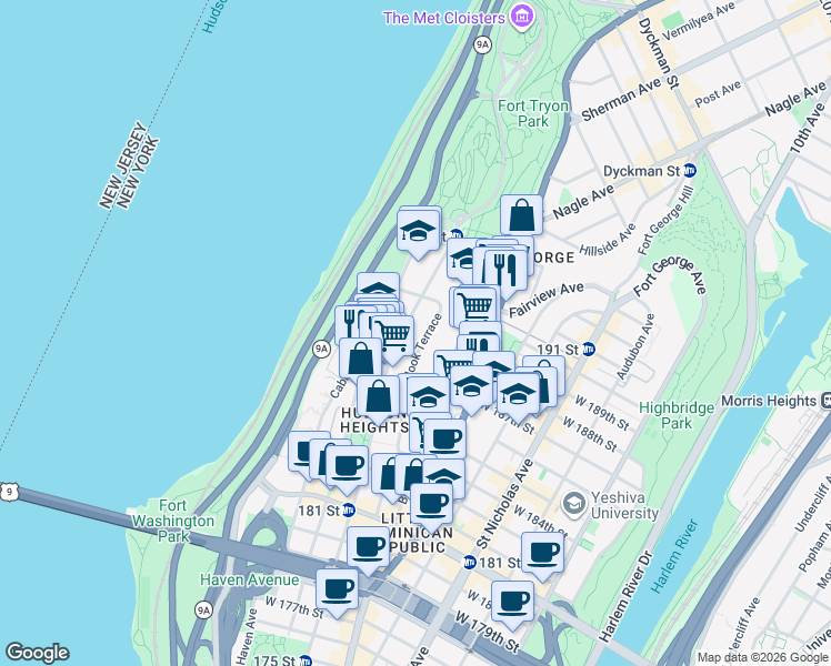 map of restaurants, bars, coffee shops, grocery stores, and more near 640 Fort Washington Avenue in New York