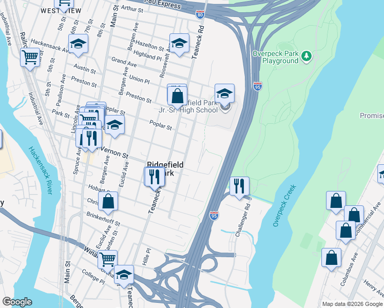 map of restaurants, bars, coffee shops, grocery stores, and more near 1 Morningside Lane in Ridgefield Park